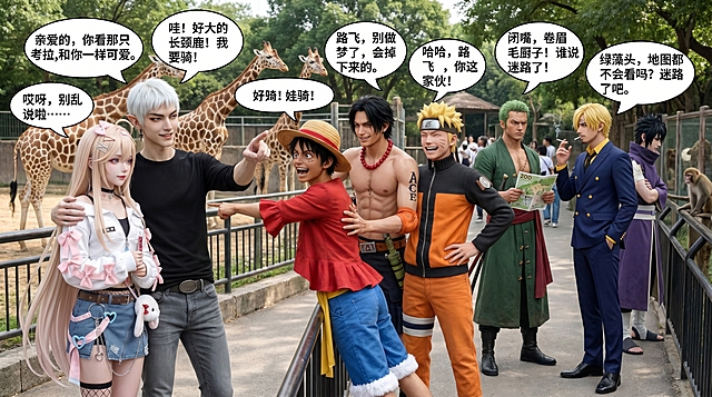 真实摄影风格，九个人物一起在动物园游玩，改变原有站立姿势，人物按个性互动，加入中文气泡对话。图一短发白发精灵耳男性，外向邪魅内在沉稳温柔高双商正义感强；图一和图二是夫妻关系，图二浅金色长发女性，天生偏内向偶尔会开玩笑温柔善良会照顾人；图三黑色短发男性，性格参考艾斯；图四黑色炸发男性，性格参考带土；图五黑色短发男性，性格参考路飞；图六金色爆炸头男性，性格参考鸣人；图七金发男性，性格参考山治；图八绿色短发男性，性格参考索隆；图九黑色短发男性，性格参考佐助，动物园背景，户外，真实画风，所有人自然互动