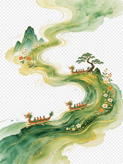 参考原图风格，重新生成国风水墨端午龙舟画面，增加更多金色色调，设置镂空背景预览效果