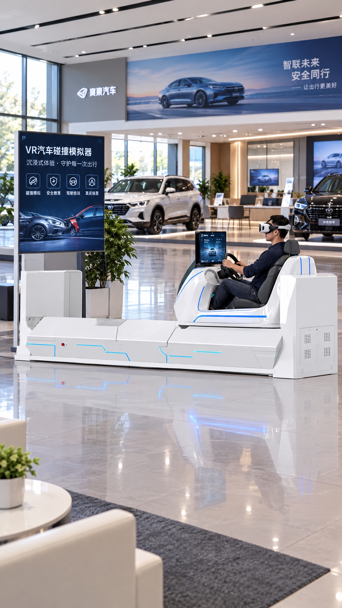 将图中的VR汽车碰撞模拟器放置在汽车4S店客户体验区场景中，驾… - 图片创意预览
