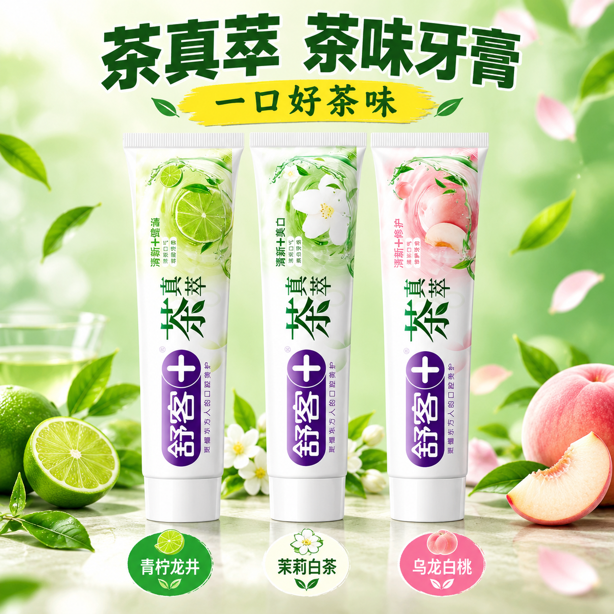 [主图-1] 茶真萃牙膏首图，三支口味并排展示，强视觉冲击，抖… - 图片创意预览