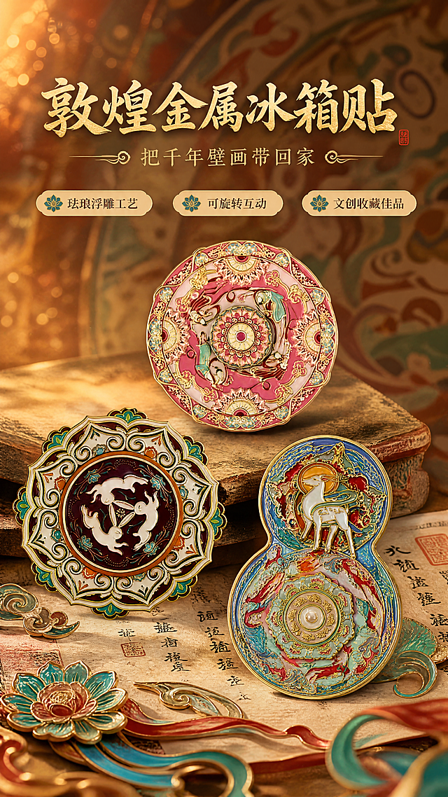 [商品] 使用【图1】【图3】【图4】敦煌元素金属冰箱贴多款合集；保留每款冰箱贴的金属珐琅材质、浮雕结构、敦煌图案（飞天/九色鹿/藻井/三兔共耳）、金边轮廓、颜色和造型，清晰呈现珐琅色彩与金属光泽，不改变商品本体图案与文字。
[画面] 氛围头图，目标营造国潮敦煌文创高级感。画面中央错落陈列3-4款代表性冰箱贴（圆形飞天款、三耳兔款、葫芦九色鹿款），主体占画面60%，前中后三层景深：前景散落敦煌纹样装饰元素（莲花、卷草、飘带），中景冰箱贴主体悬浮或轻置于古旧宣纸质感台面上，背景为朦胧敦煌壁画肌理与暖金光斑。阅读动线从上至下，顶部标题区留白。
[视觉] 套系策略：风格=国潮敦煌风商业摄影；标题字=国风书法衬线粗体；正文字=现代简洁宋体；主色=朱砂红+暖金；背景延展=基于敦煌壁画土黄、赭石、石青做深浅渐变与肌理质感；强调色=石青/石绿，仅用于小面积图标、引线和装饰元素；标题色=暖金色；正文色=深赭石色；组件=敦煌纹样边框、云纹分割线、圆角信息卡；光影=左前侧暖金色柔光，金属边缘高光明显，珐琅面温润反光。
[文字] 顶部居中主标题"敦煌金属冰箱贴"，副标题"把千年壁画带回家"，下方3个短卖点：「珐琅浮雕工艺」「可旋转互动」「文创收藏佳品」，文字区不遮挡冰箱贴主体图案。
[规格] 图片比例9:16竖版，4K，避免变形、错字、文字过小、冷蓝灰背景、商品颜色改变、结构失真、极限词。