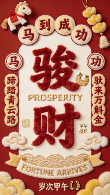 马年毛茸茸国潮红包设计

材质与色调：采用复古红短绒为基底，主视觉元素使用蓬松长绒材质塑造立体感，点缀浅金植绒与奶黄毛绒细节，整体呈现温暖柔软的触觉联想。

核心视觉元素：

中央以复古红蓬松长绒材质预览效果