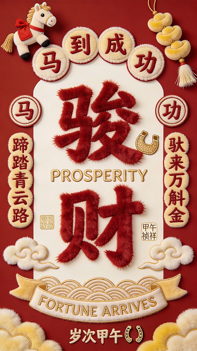 国潮风刺绣质感海报，毛发生长字体搭配浮雕云纹与重拟物元素，喜庆红金配色，中式吉祥寓意浓厚，马年主题尽显繁荣祥瑞。