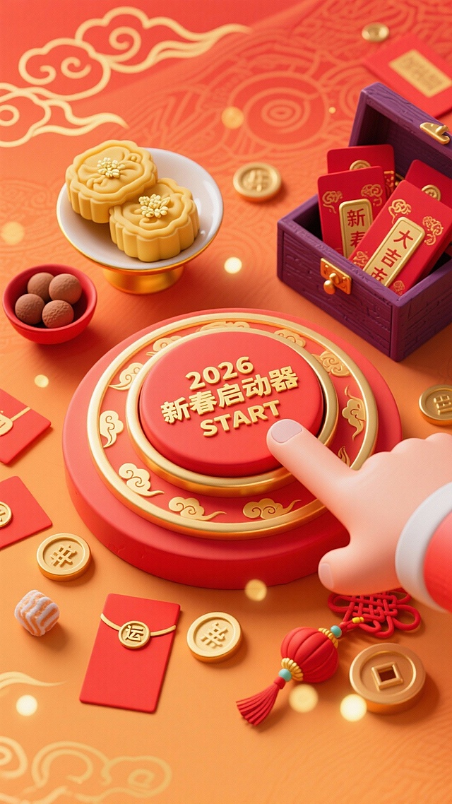 俯视视角，橙红相间的圆形 “好运启动器”，主体正红色，搭配鎏金描边 + 烫金祥云装饰，中央按钮印 “2026 新春启运大吉”+ 金色 “START” 字样，一只手正按下按钮，按钮放在背景上；左侧放盛满桂花糕的金黄描边玉杯（杯身绘祥云纹样），旁配装桂圆的红瓷小碗；右侧紫檀木盒装满印 “新春大吉”“富贵吉祥”“阖家安康” 的红金烫银卡片；橙红渐变平面散落红色好运卡、鎏金红包、酥糖，点缀金色光斑、大额铜钱币、迷你中国结，背景为橙红渐变（带鎏金祥云暗纹），新春华贵氛围