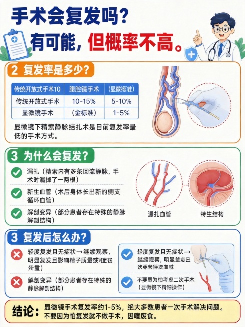 科普医疗海报，卡通扁平风格，尺寸900*1200，标题“手术会复发吗？”，答案：“有可能，但概率不高。”，分板块展示内容：第一个板块“复发率是多少？”，表格展示手术方式和对应复发率：传统开放式手术10预览效果
