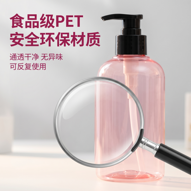 [主图 3] pet塑料洗发水瓶子材质细节展示。[氛围风格] 温馨舒适家居治愈风，干净通透质感；[画质] 商业摄影质感、光线柔和通透、产品清晰真实、画面干净高级。[元素] 对粉色透明pet塑料洗发水瓶预览效果