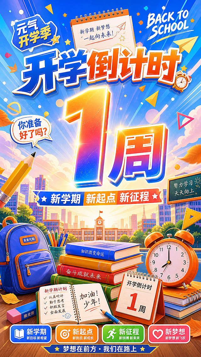 一张开学倒计时海报，竖版9:16比例，青春活力校园风格，色彩明快丰富。画面正中央是超大字号的倒计时数字"1周"，数字采用渐变发光效果，视觉冲击力强。数字上方是主标题"开学倒计时"，字体醒目有力。数字下方是副标题"新学期 新起点 新征程"。背景极其丰富，包含大量开学相关元素：堆叠的书本、铅笔、尺子、书包、笔记本、橡皮擦、闹钟、日历、黑板、校园建筑剪影、树叶、光斑、几何图形装饰等，元素错落有致，层次分明。背景采用蓝橙渐变色调，充满青春朝气与期待感。画面中还点缀有"BACK TO SCHOOL"、"元气开学季"、"你准备好了吗"等装饰性文字标签。整体版式精美，构图居中对称，信息层级清晰，四周留有安全边距。画面中所有数字必须精确渲染，不得错位、遗漏或编造。画面中所有信息区域必须填充完整合理的内容，不得出现空白框、空白占位、横线待填写区域。画面中不出现任何二维码或二维码占位符。超高清画质，2K分辨率。