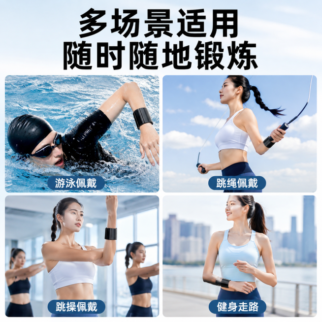 使用爆款主图复刻技能生成5张比例1:1的电商主图，适配平台为淘宝/天猫，商品为「图片1」，参考图为「图片1」，商品卖点为人在游泳池里游泳戴着这个手环，其他要求为预览效果
