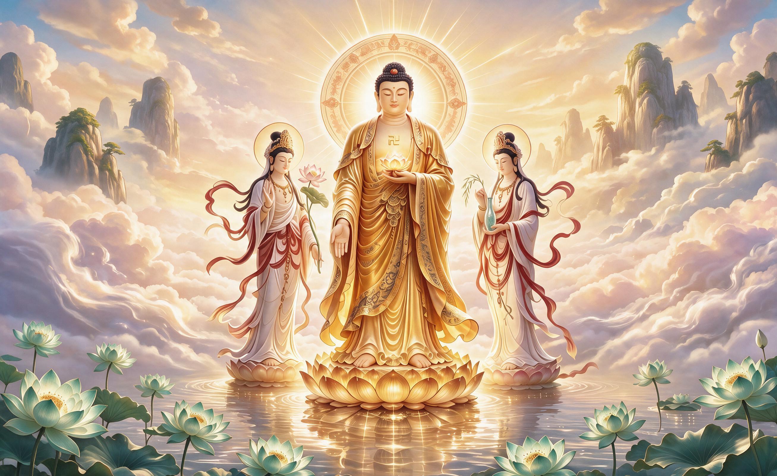 将图二的观音形象放置在图一佛祖的左侧，保留图一中佛祖和右侧观音… - 图片创意预览