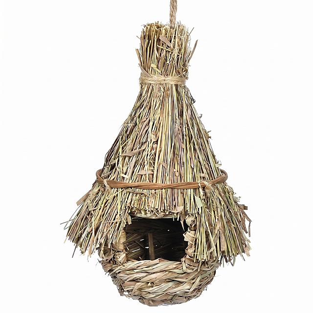 [主图-1] Hand-woven straw bird nest product main image. Pure white background #FFFFFF, product centered, keeping the product's original conical hanging structure, hand-woven straw material, natural grass color. Product occupies about 85% of the picture, picture full screen without border. Maintain the appearance (physical structure, material texture, color) of the bird nest completely consistent with the input product image, eliminate any extra text and size labels, prevent any deformation and color difference, fine processing. Commercial photography texture, soft and transparent light, clear product, real, clean and advanced picture. Light: soft main light from the front, auxiliary light to fill the shadow of the product, highlight the layered texture of the woven straw, natural transition of light and shadow. Color matching: the main color is natural grass yellow, pure white background, simple and compliant. Perspective composition: head-up perspective, product complete without cutting, focused vision. No Chinese characters, no marketing text, no extra logo, in line with Amazon cross-border platform compliance requirements. 1:1 ratio, 2k resolution, super high definition. Negative prompt: deformation, watermark, text clutter, blurred product image, messy background.