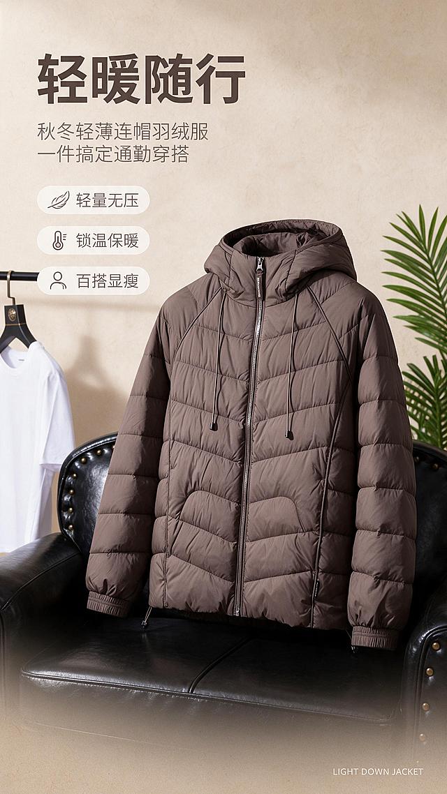[商品] 使用【图1】咖色男士轻薄连帽羽绒服；商品处理：保留连帽、拉链、插肩袖、横向绗缝、抽绳、袖口松紧、下摆抽绳、口袋、咖色颜色和轻薄尼龙面料；自然去除衣身杂乱褶皱与压痕，理顺垂坠，增强面料纹理、缝线、拉链和五金质感，不改变版型和结构。
[画面] 目标：首屏形象页，突出轻薄羽绒服的高级质感与秋冬氛围感。构图：左文右图，产品正面全貌位于画面右侧中央，占画面约55%，左侧留白放标题文案。景别：产品中全景。前中后景：前景浅咖色渐变过渡，中景产品主体，后景暖调简约室内场景（米色墙面+柔和光影）。阅读动线：从左上标题到右侧产品。
[视觉] 套系策略：风格=国内电商高级商业摄影风；标题字=现代无衬线粗体（思源黑体Heavy）；正文字=简洁无衬线体（思源黑体Regular）；主色=暖咖棕；背景延展=基于暖咖棕做深浅层级、同色渐变和细腻织物/纸张质感；强调色=奶白色，仅用于小面积图标、引线和标签底衬；标题色=深炭棕；正文色=中暖灰；组件=圆角浅底信息卡、细线引线、简约图标；光影=左前侧暖柔光，产品右侧有柔和轮廓光。
[文字] 左上区域主标题「轻暖随行」（6字），副标题「秋冬轻薄连帽羽绒服 一件搞定通勤穿搭」（16字），下方3个短卖点：「轻量无压」「锁温保暖」「百搭显瘦」，文字横排，不遮挡服装主体、帽口、拉链和袖口。右下角小号英文装饰「LIGHT DOWN JACKET」。
[规格] 图片比例9:16竖版，2K分辨率，避免变形、错字、文字过小、冷蓝/蓝灰背景、衣服颜色改变、版型失真、极限词。