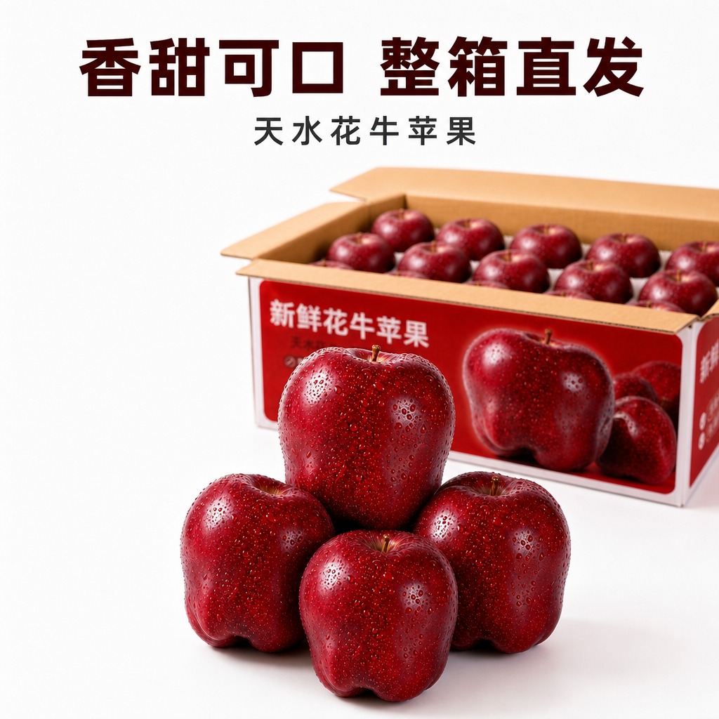 在这张天水花牛苹果图片的画面上方添加文字，文字样式参考参考图：… - 图片创意预览