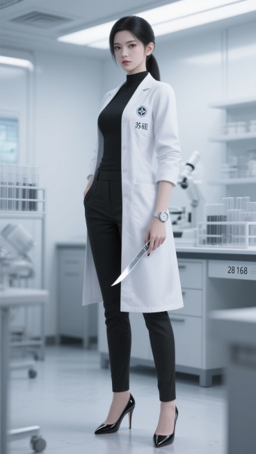 主角：冷感法医苏砚（女，28 岁）​

    核心标签：专业冷静、锐利果决、标志性动作（转解剖刀）、口头禅（“骨头从不说谎”）​

    正面视图描述词：竖屏全身，冷感女法医，168cm 身高，利预览效果