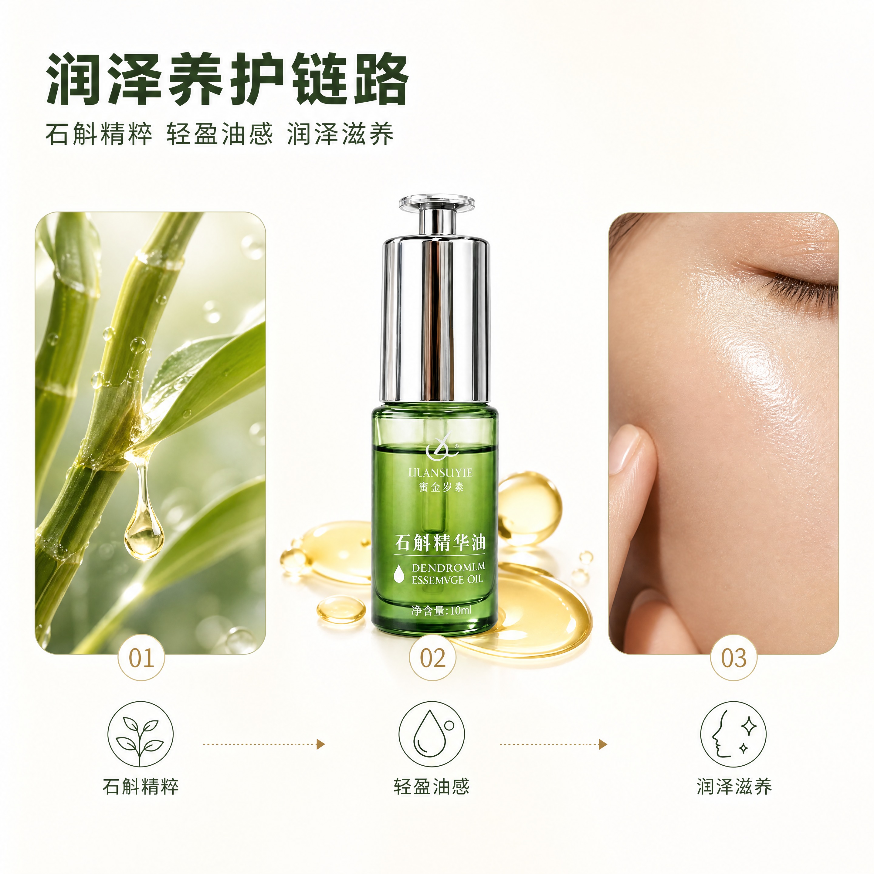 [商品] 使用图1 石斛精华油；产品位于画面中部，占画面约35… - 图片创意预览