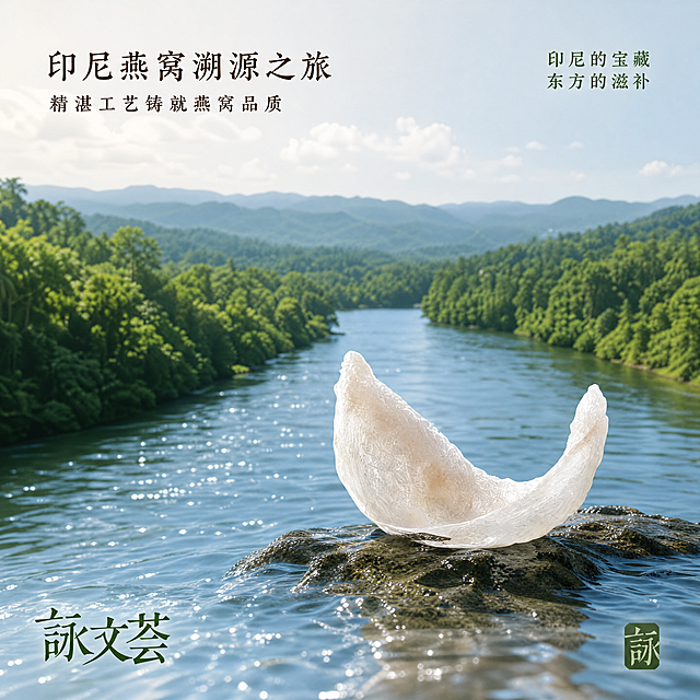 [第3屏] 详情页产地溯源屏-印尼燕窝溯源展示。
[氛围/风格] 自然清新原生态氛围，户外自然光影，商业摄影质感，延续全套新中式温润风格。
[元素布局] 使用【图7】作为主体参考，保持燕窝主体位置，燕窝放在画面中下偏右的水面石头上，占据画面约50%区域，保持原燕窝形状纹理和颜色一致。背景是印尼热带雨林河流景观，远山森林层次虚化，突出前景燕窝主体，整体画面干净自然。
[光影质感] 自然光从左侧照射，水面形成自然波光反光，燕窝主体明亮清晰，背景远山柔和虚化，层次分明。
[配色色系] 全局底色：#F2EADC保持和整套统一；主体燕窝：#F5F5F5（米白）；背景：#346B31（深绿森林）+ #5B9BD5（河水蓝）；文字沿用深棕+品牌绿。
[视角构图] 全景平视视角，前景燕窝+中景水面+背景森林，层次分明，景深自然，阅读从上到下。
[文字版式] 左上角主标题「印尼燕窝溯源之旅」，副标题「精湛工艺铸就燕窝品质」，右上角文字「印尼的宝藏 东方的滋补」，左下角品牌名「詠文薈」，右下角品牌方形印章；字体保持首屏书法感风格，仅深棕和品牌绿两种字色，纯色填充；文字排布不遮挡主体燕窝，上下左右留白充足，移动端阅读清晰。
[比例分辨率] 1:1 方图比例，4K 分辨率，文字清晰可辨。
[负向提示词] 燕窝变形，纹理模糊，颜色偏差，文字错乱，水印，背景杂乱，过度渲染，极限违规词。