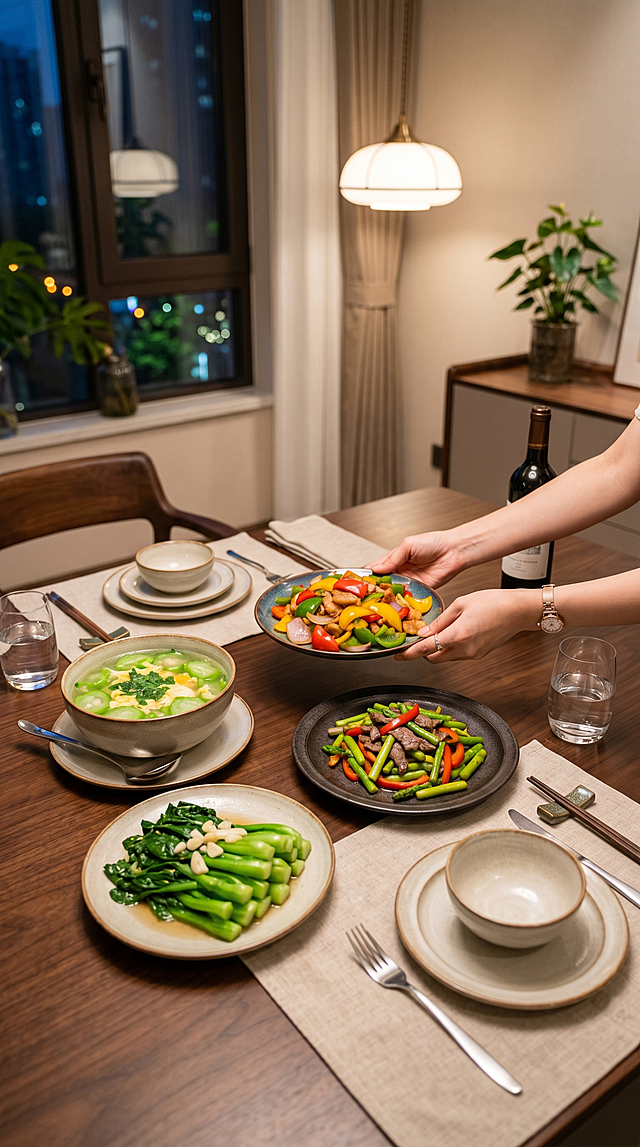 高档家庭餐桌上摆放健康餐食，画面中有一盘青菜、一盘芦笋炒牛肉、一道丝瓜汤，一只手正在将最后一道菜品彩椒炒肉端放到桌面上，轻微俯视视角，高档写实风格