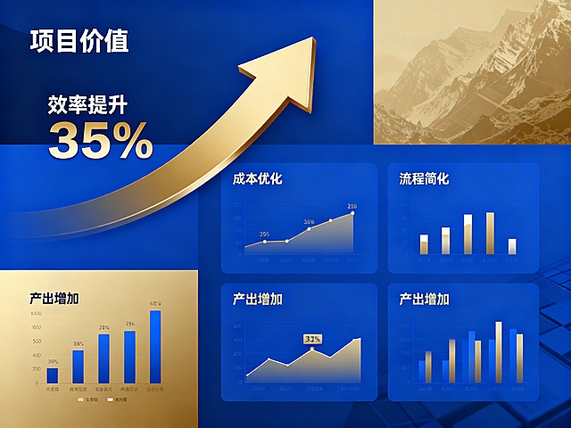 科技商务风方案：专业蓝金配色，模块化分栏布局，突出数据图表与流程箭头，强化系统严谨性
