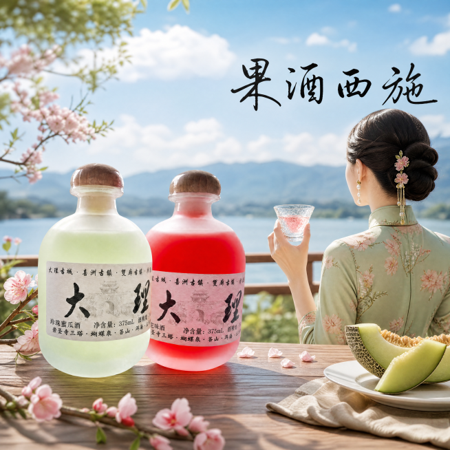 商业电商主图，1:1尺寸；在已融合文案的双瓶果酒画面基础上，右侧添加复古旗袍女生（不露脸），手端**冰川纹烧酒杯**（带冰裂纹理装饰），杯中盛有酒；用新鲜桃花枝与哈密瓜切片做点缀装饰；背景为湖边木质桌预览效果