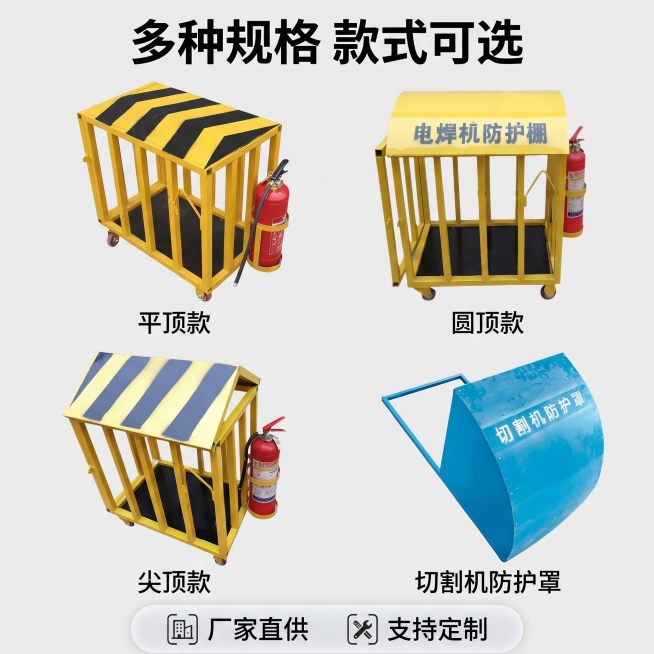 [主图 5] 全系列电焊机防护罩SKU展示
[氛围风格] 清晰全系列展示，延续整体专业工业风
[画质] 商业摄影质感、光线均匀通透、产品清晰真实、画面干净高级
[元素] 将平顶款、圆顶款、尖顶款、切割预览效果