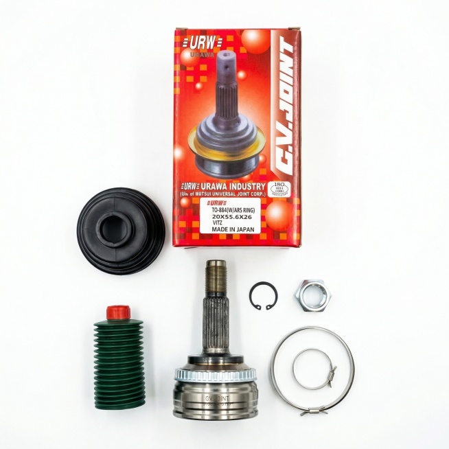 对这张汽车配件产品图进行优化调整：1.摆正产品和包装盒，使所有边缘水平垂直对齐，将所有配件摆放整齐，产品按黄金比例居中构图；2.更换背景为纯净纯白色，去除原布料背景和包装纸水印；3.提升整体亮度至明亮预览效果