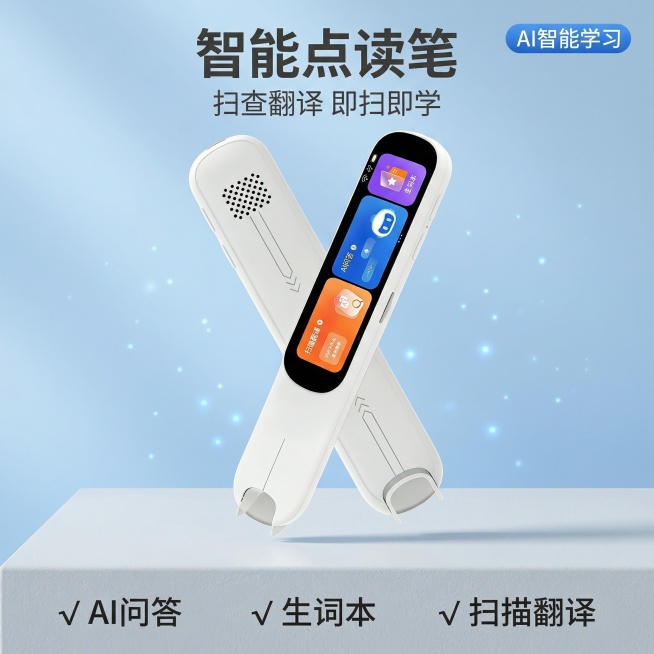 [主图 1] 智能点读笔首图，核心卖点展示
[主图主题] 多功能智能点读笔学习工具
[氛围/风格] 简约科技风，高级质感，清晰明亮
[画面元素] 白色智能点读笔主体保持与原图一致，倾斜交叉悬浮于浅灰色预览效果