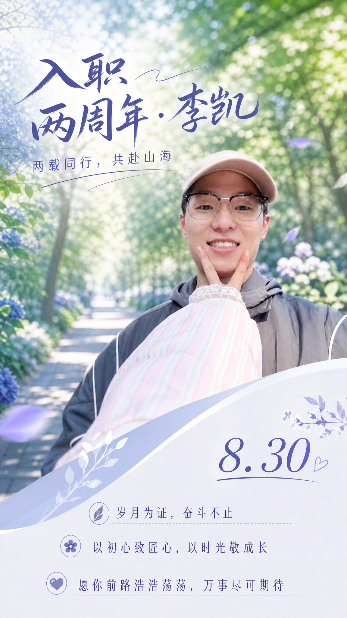 基于这张人物照片制作一张入职两周年纪念海报，图生图模式。保留人… - 图片创意预览
