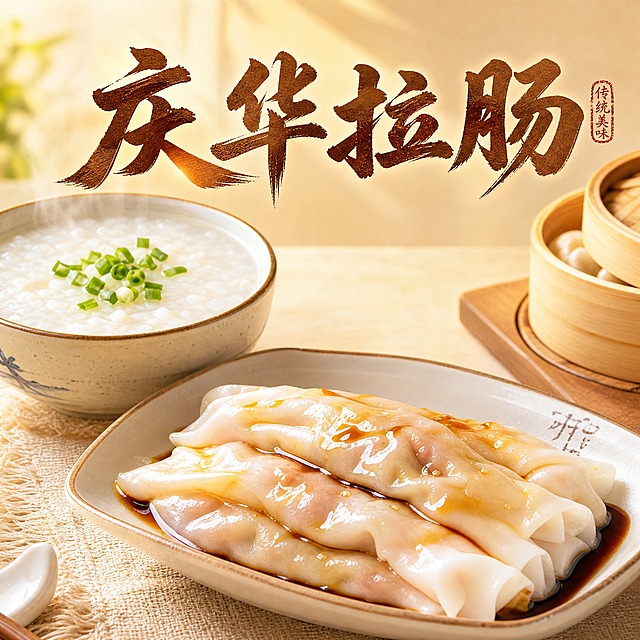 早餐店头像设计，800x800正方形，真实摄影风格。画面中央是一碟刚蒸好的广式布拉肠，肠粉晶莹剔透，淋着酱油和香油，旁边配一碗冒着热气的白粥，粥面上撒少许葱花。整体色调温暖明亮，米白色和暖黄色为主，有清晨阳光的感觉。画面上方有醒目的书法字体店名"庆华拉肠"，字体有质感。不要圆形边框，方形构图，画面干净整洁，真实食物摄影质感，细节丰富，肠粉有光泽，粥有绵密质感