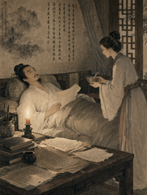 Li He lying sick on a traditional bed in a humble room, organizing poetry manuscripts by candlelight预览效果