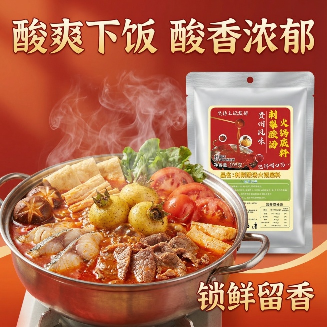 这张图片是产品主体这款产品是美芡·贵州刺梨酸汤火锅底料 我需要设计10张主图在拼多多上面售卖  这一袋的克重主要是105g  产品主图不变 主图场景布局火锅元素   家人围坐，一锅刺梨酸汤咕嘟冒泡，酸预览效果