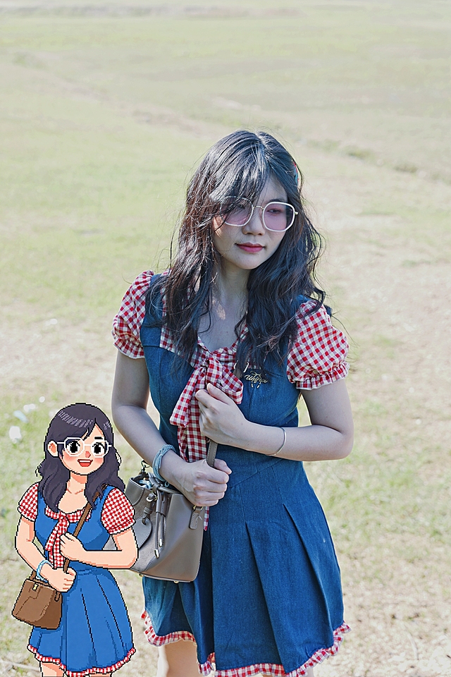 甜美卡通风格，真人与动漫角色同框，展现可爱与梦幻的结合。