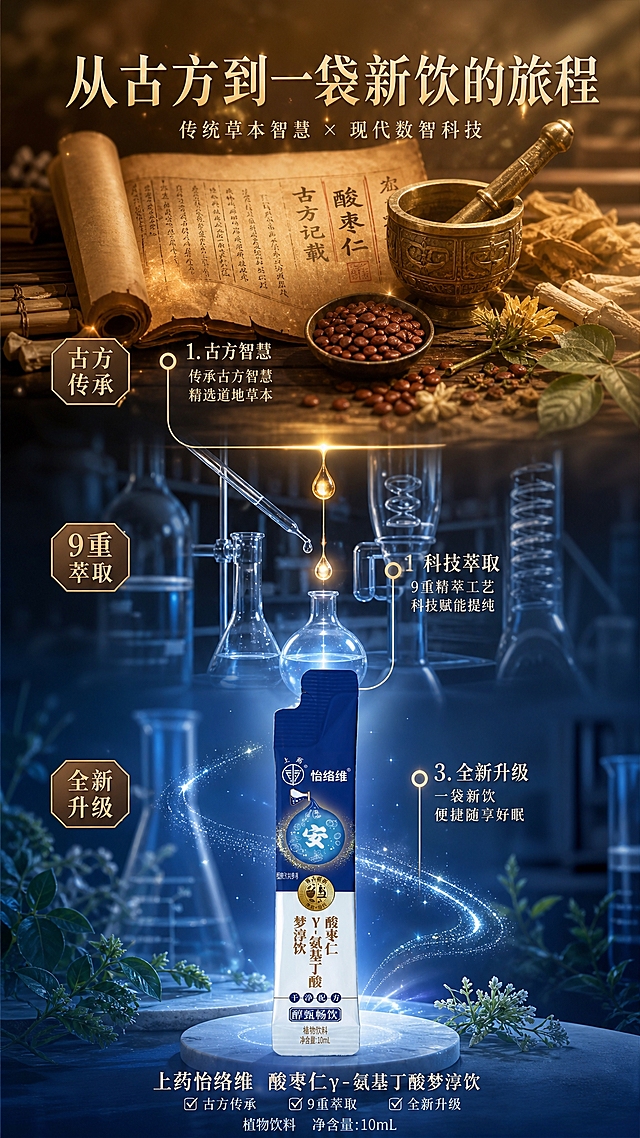 写实商业摄影风格，产品升级时间轴概念海报（全新构图版本）。画面主体：一条纵向时间轴从画面上方垂落至下方，顶部是古朴的传统草本元素——卷轴展开的古方书页、铜制药碾、酸枣仁与草本植物的精致陈列，暖金色调，充满东方传统韵味；时间轴中部是现代科技萃取的过渡场景——玻璃实验器皿、精密滴管、萃取液滴，呈现科技赋能的过程；时间轴底部是【图2】现代便携袋装的梦淳饮产品，产品正面朝向镜头，包装清晰可读，放置在简洁的白色台面上，周围环绕着淡淡的草本香气光效。整体以纵向叙事的方式呈现从古方到新饮的升级旅程，传承与创新并重。背景为上暖下冷的渐变，上方暖棕古朴，下方深蓝现代。

产品保真硬约束：梦淳饮小袋装饮品100%还原上传商品图【图2】的产品外形、包装、LOGO、印刷文字、净含量，以上传图为唯一商品主体来源，完整保留原图中的袋型、轮廓、结构、比例、标签版式、品牌logo、口味文字、容量信息、材质质感、蓝白配色与正面朝向，包装、配色、产品结构与标签布局均与上传图保持一致；正面朝向以品牌与标签主要信息清晰可读为准。设计仅作用于背景、光影、道具、版式和文字区；商品主体占比适中，文字不遮挡主体。

画面文案（必须清晰呈现在海报中）：
- 主标题："从古方到一袋新饮的旅程"
- 副标题："传统草本智慧 × 现代数智科技"
- 产品名："上药怡络维 酸枣仁γ-氨基丁酸梦淳饮"
- 卖点标签："古方传承"、"9重萃取"、"全新升级"

数字精确约束：画面中所有数字必须精确渲染，"10mL"、"9"数字准确无误，不得错位、遗漏或编造。

版式精美，主标题位于画面顶部，字体典雅有东方韵味；纵向时间轴贯穿画面，现代袋装产品位于画面底部突出位置；卖点标签以精致的小标签形式分布在时间轴两侧；整体色调从上到下由暖金古朴过渡到深蓝现代，层次分明，突出产品升级的故事感。超高清画质，材质质感真实细腻，光影柔和有层次，商业摄影质感，画面中所有信息区域填充完整合理内容，无空白占位。
