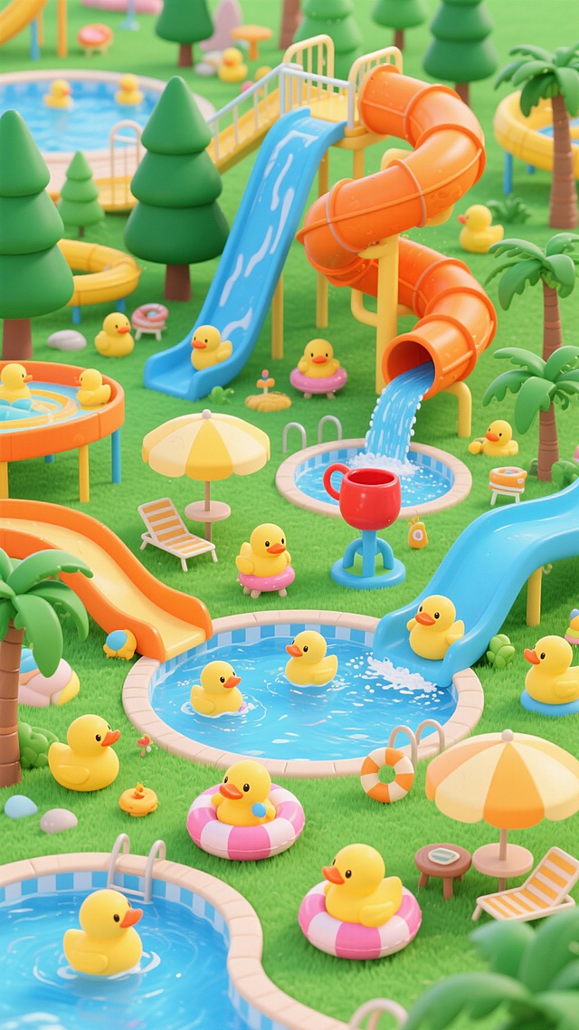 色彩明快的卡通风格水上乐园全景图，以绿色为主色调，搭配橙色、黄色、蓝色等鲜亮色彩，营造出欢乐活泼的氛围。画面中充满了各种可爱的黄色小鸭子角色，它们在不同的水上设施中嬉戏：有的从橙色螺旋滑梯滑入水中，有的在蓝色泳池里游泳，有的坐在粉色游泳圈上漂浮，还有的在绿色草地上休息。水上乐园设施丰富多样，包括大型橙色螺旋滑梯、蓝色直滑梯、红色水桶倒水装置、瀑布、圆形泳池、漂流河道等，周围环绕着高大的绿色松树和棕榈树，点缀着遮阳伞、躺椅、小桌子等休闲元素。整体构图饱满，细节丰富，线条圆润流畅，充满童趣和夏日清凉感，展现出一个热闹非凡、充满欢声笑语的水上乐园场景。