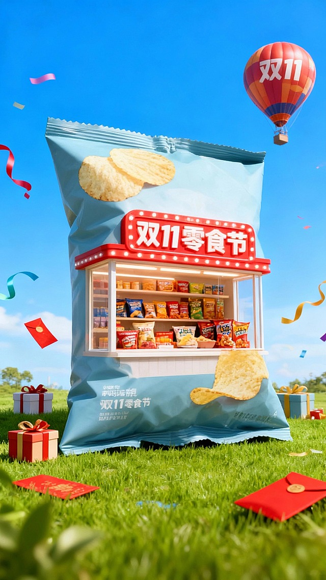 以天空为背景，中央是巨型薯片袋摆在草地上，巨型薯片袋内部设计成橱窗形式，展示着各类零食，橱窗上红色灯牌写着“双11零食节”。礼盒、红包、彩带元素装饰画面，背景点缀“双11”文字热气球。