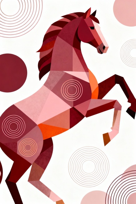 现代几何抽象插画风格，扁平风结合轻奢质感，侧面平视视角，画面中心是一匹昂首抬蹄的骏马，以深红、豆沙粉、暖橙等暖色调几何块面拼接而成，鬃毛和身体表面装饰同心圆弧线条，背景为纯净白色，搭配大小不一的同色系预览效果