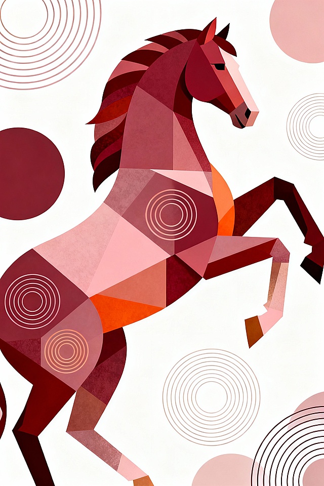 现代感与抽象感交融的low poly风格骏马，几何拼贴手法呈现立体主义视觉，搭配圆形元素点缀，呼应节日庆典氛围。