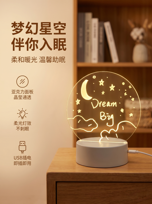 [单张主图]亚克力LED小夜灯，高级氛围感主图，呈现夜间卧室床头使用场景。
参考比对：参考图为左文右图真实使用场景版式，顶部大标题，左侧文字卖点，产品主体放置右侧木质桌面，浅景深虚化背景书架，采用暖棕预览效果