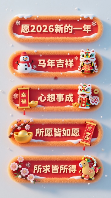 C4d渲染一组冬天标题栏，简约创业立体感多细节，渐变大红色金桔色，纯色标题框背景，各种雪花，雪人，元宝，财神，舞龙舞狮，对联儿，珍珠，梅花，牡丹，等元素点缀边框。 一组共7个排列纯色背景，高清渲染42预览效果