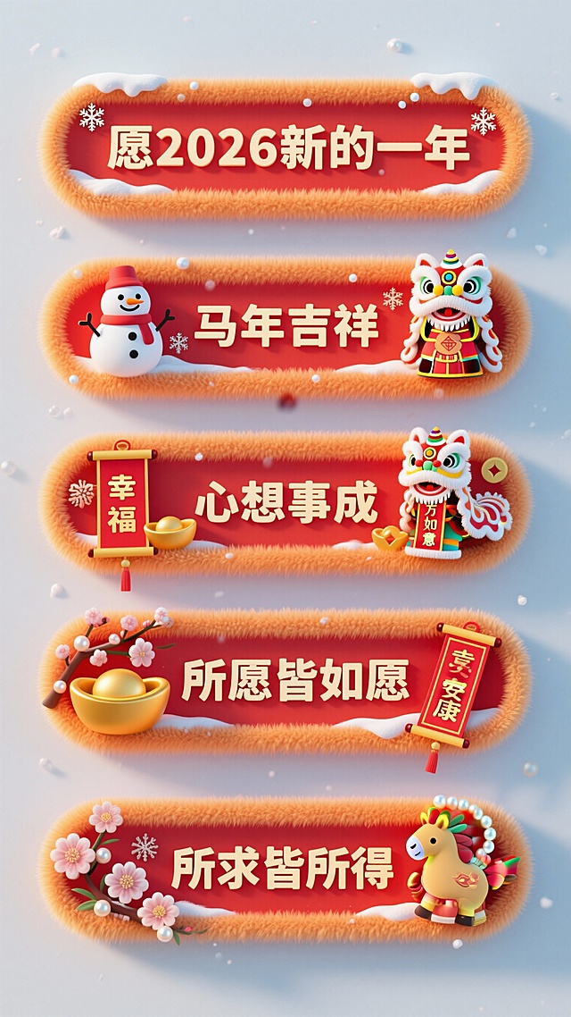 软3D毛发生长风融合国潮元素，卡通化雪人、舞狮与生肖马点缀，喜庆红金配色传递新春祝福，营造温暖吉祥的节日氛围。