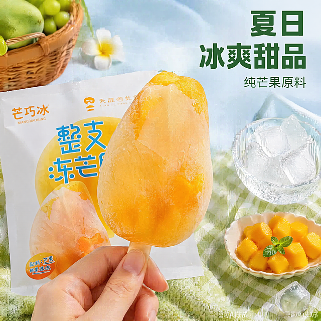 [主图-4] 芒巧冰整支冻芒果夏日食用场景展示
[氛围风格] 夏日清爽生活氛围感，清凉舒适
[画质] 商业摄影质感、光线柔和通透、产品清晰真实、画面干净高级
[元素] 一只手拿着整支冻芒果冰棍，背景是夏日户外野餐垫，旁边放着冰块和一小碟切好的芒果块，产品包装袋放置画面角落，自然休闲场景，保持产品外观与输入产品图绝对一致，杜绝变形色差，商品主体占比65%，画面满屏无边框
[光影] 夏日自然光，柔和明亮，营造清凉冰爽的氛围，冰棍冰霜反光自然
[配色] 浅草绿搭配浅蓝背景，芒果暖黄色点缀，清新夏日感
[视角构图] 第一人称抓拍视角，自然生动，景深中等，主体突出
[文字版式] 右上大字文案"夏日冰爽甜品"，深绿色粗体；下方小字"纯芒果原料"，浅绿色细字，文字不遮挡主体
[比例分辨率] 1:1比例，4k分辨率；文字清晰锐利，画面超高清
[负向提示词] 变形，水印，文字错乱，产品图模糊，背景杂乱