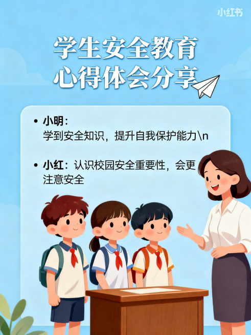 小红书3:4竖版宣传图，学生安全教育心得体会分享主题，浅蓝色背景。顶部标题"学生安全教育心得体会分享"配纸飞机图标。左侧文字框内容："• 小明：学到安全知识，提升自我保护能力\n• 小红：认识校园安全预览效果
