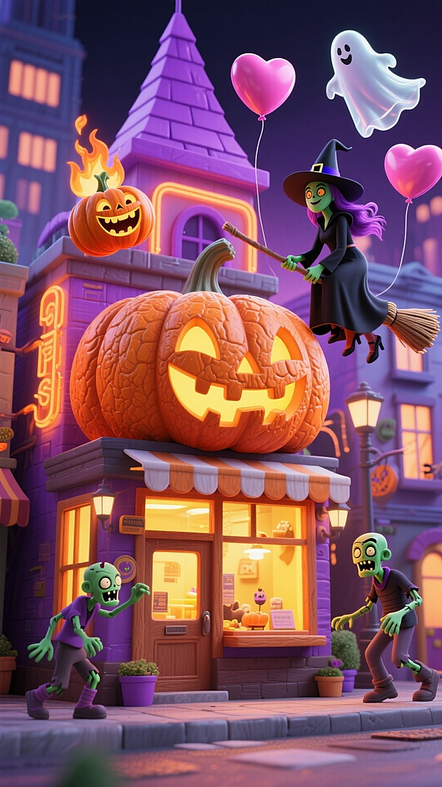画面中有南瓜造型的店铺，周围环绕僵尸、女巫、幽灵、南瓜灯等元素，空中漂浮粉色爱心气球，背景是充满奇幻感的都市建筑，整体风格卡通梦幻，色彩以紫、橙为主