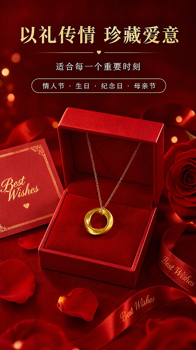 [商品] 使用【图3】足金999莫比乌斯环吊坠；保留圆环莫比乌斯扭曲结构、古法磨砂黄金质感、金色链条、整体比例与颜色；吊坠放置在精美红色礼盒中，旁边搭配贺卡、丝带等礼赠元素，保持产品原貌。
[画面] 目标：礼赠场景页，强化送礼价值与仪式感。构图：居中展示打开的红色礼盒，吊坠置于礼盒内丝绒衬垫上，周围散落贺卡、丝带、玫瑰花瓣等氛围道具。景别：中景，礼盒与周边道具完整入镜。前中后景：前景花瓣虚化，中景礼盒与吊坠主体，背景深红渐变柔化。阅读动线：从中心产品向四周扩散。
[视觉] 套系策略：风格=高级轻奢珠宝商业摄影；标题字=优雅衬线粗体；正文字=简洁现代无衬线体；主色=正红+黄金色；背景延展=基于正红色做深浅渐变、丝绒质感、同色系明暗层次；强调色=暖金色，仅用于小面积图标、引线、标签和高光点缀；标题色=暖金色；正文色=米白色；组件=细金线信息卡、圆角优雅标签、柔焦光斑；光影=上方暖柔光，礼盒内部柔和打光，突出黄金吊坠与红色礼盒的高级质感。
[文字] 上方主标题「以礼传情 珍藏爱意」，副标题「适合每一个重要时刻」，下方列出送礼场景：「情人节 · 生日 · 纪念日 · 母亲节」。文字位于画面上下留白处，不遮挡礼盒与吊坠主体。
[规格] 图片比例9:16竖版，4K分辨率，medium质量。避免变形、错字、文字过小、冷蓝背景、黄金颜色偏色、产品结构失真、极限词。