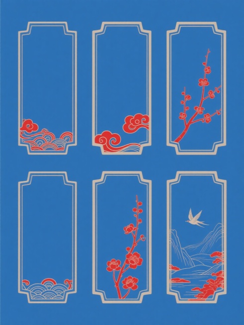 六个不同造型的中国传统风格细长竖形边框，每个边框内部及底部装饰有不同的传统图案：第一个边框底部是红色祥云海浪纹，第二个边框右侧有红色梅花枝，第三个边框底部是红色如意云纹，第四个边框左侧是红色祥云图案，第五个边框右侧有红色梅花枝和底部花朵，第六个边框底部是红色山水和右侧飞鸟，所有边框均为纯色背景，采用中国传统工笔线条风格，线条流畅细腻，整体色彩变换为蓝色调，六个边框呈2行3列规整排布，保持传统中……预览效果