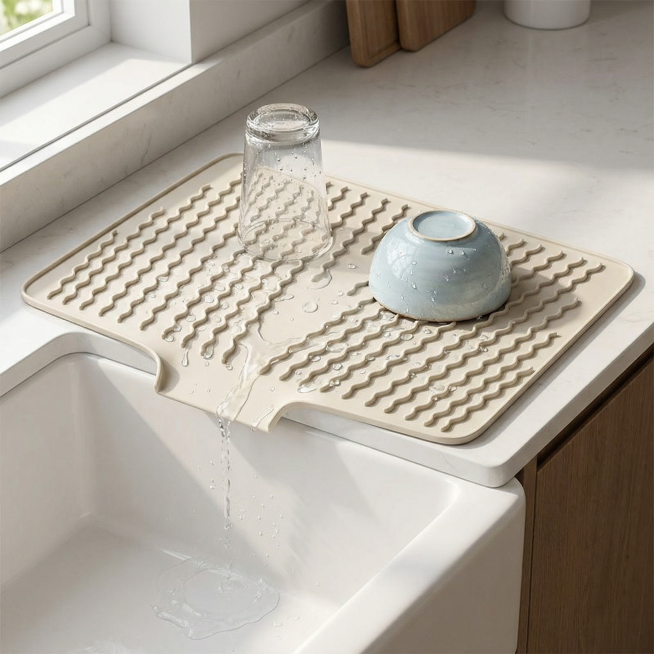 Close-up product photo of a draining mat placed along the edge of a kitchen sink, with the center no预览效果
