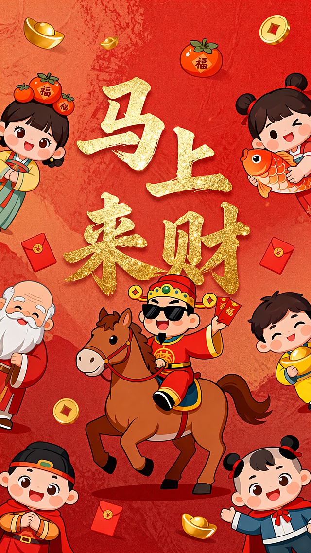 国潮风卡通形象搭配鎏金大字“马上来财”，剪纸风格元素点缀，喜庆红底烘托节日氛围，寓意新春招财纳福。