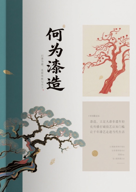 核心风格要求（所有页面通用前缀）：国潮风，融合大漆非遗技艺元素（漆色、漆纹、漆工艺细节），现代简约审美，色彩以大漆经典色（朱红、乌黑、明黄、石青）为主，搭配低饱和辅助色，画面细腻有质感，版式干净留白合预览效果