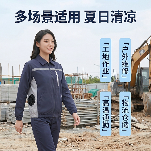 [主图 3] 多场景适用展示图，亚洲年轻女模特穿着同款空调服在户外工地场景行走，姿态自然生动。[氛围风格] 真实场景化风格，和前两图光影风格完全统一。[画质] 商业摄影质感、光线均匀柔和通透、产品清晰真实、画面干净高级。保持空调服模特外观和前两图绝对一致。商品主体占比65%，画面满屏无边框。[光影] 自然光漫反射，整体亮度均匀，服装结构清晰，不顶光不逆光，和整体风格统一。[配色] 浅蓝天空背景，深灰色地面，服装保持藏青拼浅灰原有颜色，色彩和谐不抢主体。[视角构图] 平视，模特位于画面偏左，右侧留白放场景标签，完整不裁切。[文字版式] 顶部主标题"多场景适用 夏日清凉"，藏青色粗体；右侧分三个竖向排列的场景标签：「工地作业」「户外维修」「高温通勤」「物流仓储」，每个标签浅蓝底深色文字，简洁清晰，不遮挡主体。[比例分辨率] 1:1 比例，2k 分辨率；文字清晰锐利，超高清。[负向提示词] 变形，水印，文字错乱，产品图模糊，背景杂乱，遮挡主体，模特换人，风格不统一