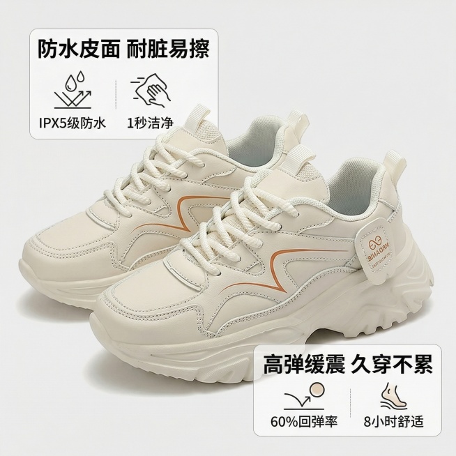米白色老爹鞋，聚焦核心卖点，添加文字“防水皮面 耐脏易擦”“高弹缓震 久穿不累”，用数据化呈现，背景简洁浅灰，字体清晰突出，建立产品信任度预览效果