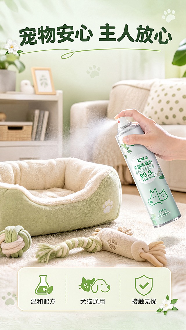 [商品] 使用【图1】宠物杀菌除臭剂喷雾瓶（400ml，浅绿瓶身，栀子花香，瓶身保留原有全部文字与图案、结构颜色比例不变）。
[画面] 第6张·宠物互动页。目标：真实感代入，展示产品使用场景。温馨家居客厅场景，干净柔软的宠物窝和地毯上，摆放着宠物玩具，环境整洁清新。画面右侧有一只手（仅手部和小臂，不露脸）正拿着产品轻轻喷洒在宠物窝附近的空气中，喷雾细密柔和。产品位于画面右侧中景，清晰可见。画面中用可爱的宠物爪印元素暗示宠物友好，整体氛围温暖治愈干净。阅读动线：顶部标题 → 中部使用场景+产品 → 底部卖点。
[视觉] 套系策略：风格=清新自然治愈风商业摄影；标题字=圆润黑体粗体；正文字=简洁无衬线黑体；主色=浅薄荷绿；背景延展=基于浅薄荷绿做深浅层级、同色渐变和细腻纸张/织物质感，搭配米白和奶杏色；强调色=栀子花白色+嫩绿，仅用于小面积图标、引线和标签；标题色=深森林绿；正文色=中灰绿；组件=圆角浅底信息卡、细线引线、栀子花装饰元素；光影=左前侧柔和自然光，温暖明亮。
[文字] 顶部主标题"宠物安心 主人放心"，底部信息条写"温和配方 · 犬猫通用 · 接触无忧"。文字均横排，不遮挡产品主体。
[规格] 图片比例9:16竖版，4K分辨率，负向提示：避免出现真实宠物、动物受伤、恐怖表情、产品变形、人物面部出现、冷蓝灰背景、极限词、医疗化承诺。