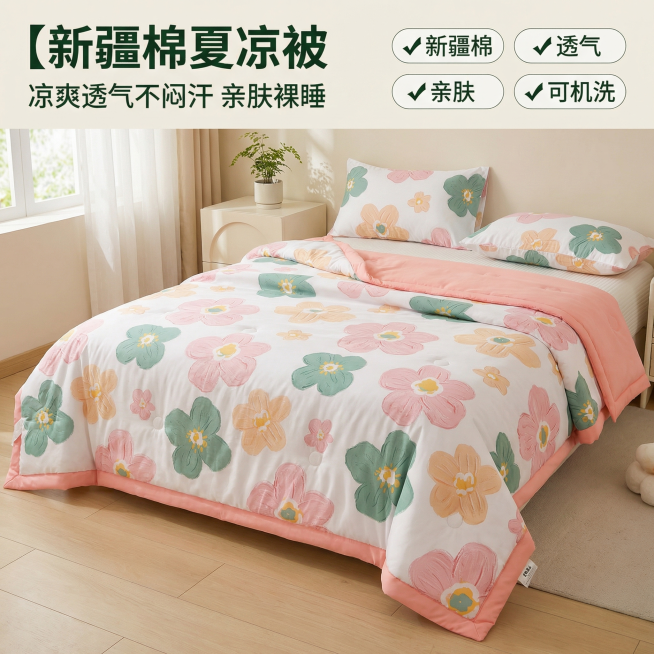 [主图 1] 新疆棉油彩色大花朵夏凉氛围展示首图
[氛围/风格] 清新自然甜美风，自然光漫射，干净通透，突出性价比感。
[画面元素] 商业摄影质感、光线柔和通透、产品清晰真实、画面干净高级。夏凉被自然预览效果
